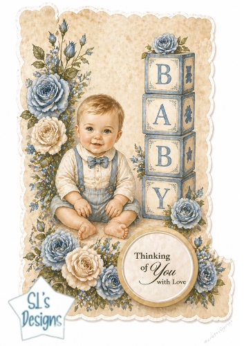 Vintage Baby Boy Card Topper – Blue Roses & Baby Blocks Printable