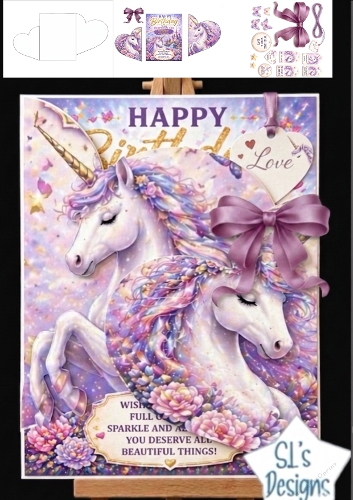 Magical Unicorn Birthday Card Kit – Pastel Fantasy Printable with Bow & Hearts
