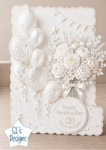 Elegant Happy Wedding Day Card Topper – White Flowers & Silver Balloons