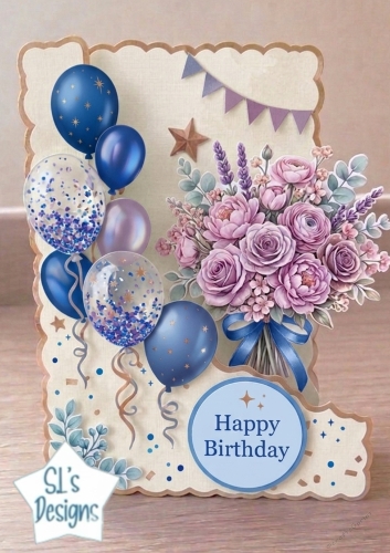 Happy Birthday Floral & Balloon Card Topper – Pastel Bouquet Celebration Design