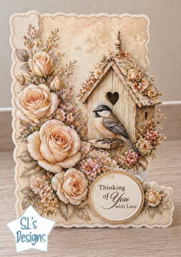 Thinking of You Birdhouse Card Topper – Vintage Roses & Little Bird Design