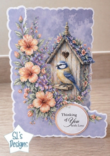 Thinking of You Birdhouse Card Topper – Blue Tit & Floral Cottage Garden Design 1