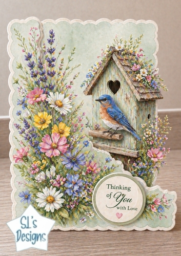Thinking of You Birdhouse Card Topper – Bluebird & Wildflower Cottage Design 2