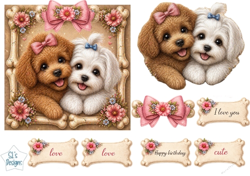 Cute Puppies Card Topper – Birthday & Love Sentiment Bone Tags 1