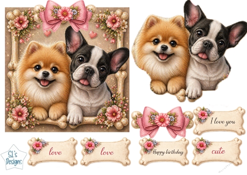 Cute Puppies Card Topper – Pomeranian & French Bulldog with Birthday & Love Tags 2