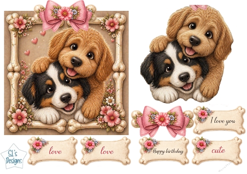 Cute Puppies Card Topper – Floral Bone Frame with Birthday & Love Tags 3