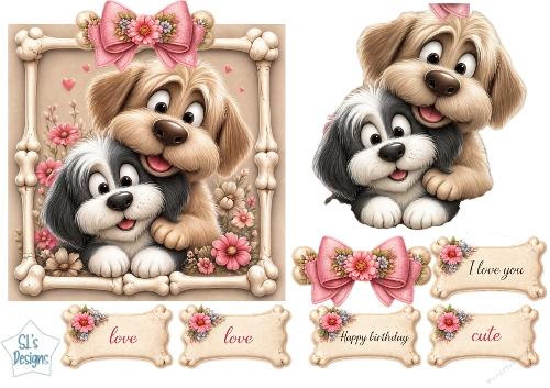 Cute Puppies Card Topper – Floral Bone Frame with Birthday & Love Sentiments 4