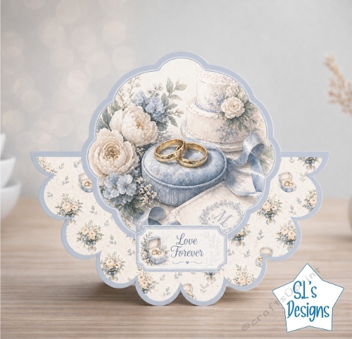 Romantic Wedding Card Front with Rings, Cake and Floral Frame
