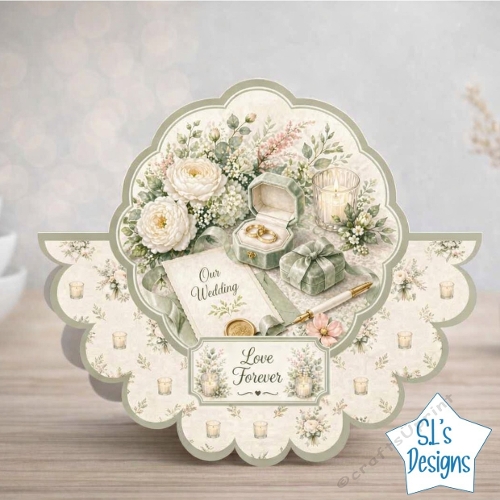 Elegant Wedding Card Front with Rings, Candle and Floral Arrangement