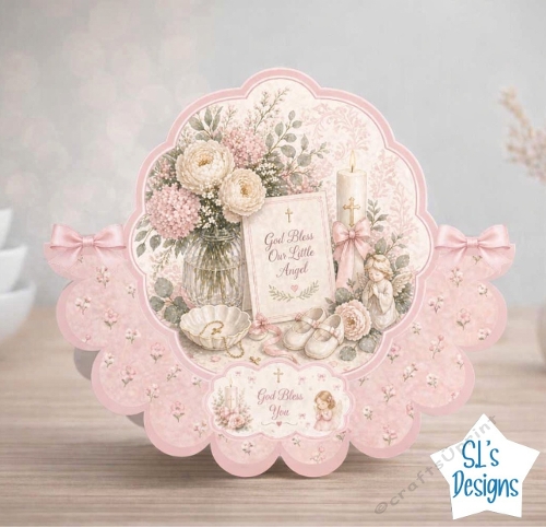 Baby Blessing Card Front with Pink Florals, Angel and Keepsake Elements
