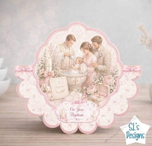 Pink Baptism Card Front with Ceremony Scene and Floral Accents