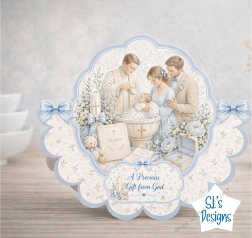 Blue Baptism Card Front with Ceremony Scene and Soft Floral Details