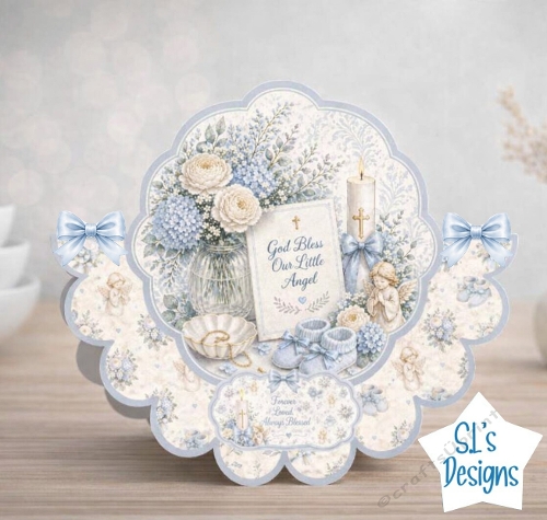 Blue Baby Blessing Card Front with Angel, Florals and Keepsake Elements