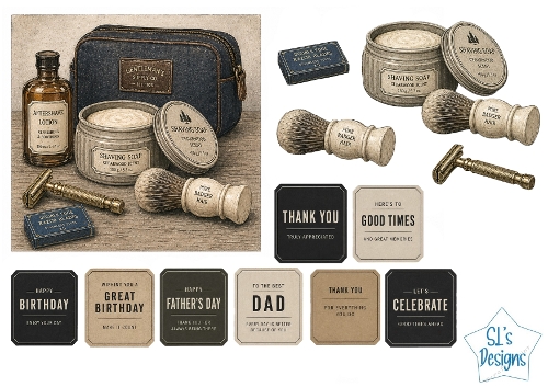 Vintage Mens Grooming Set Card Front with Tags for Birthday & Fathers Day