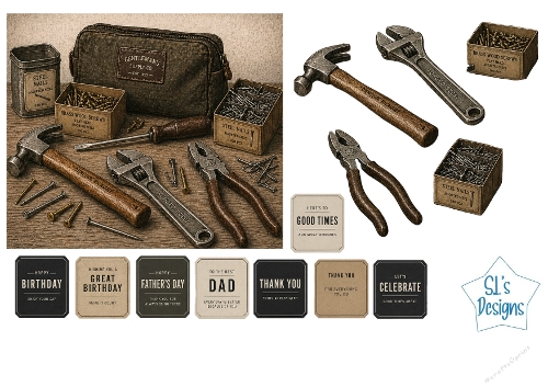 Vintage Tools Card Front with Masculine Tags for Birthday & Fathers Day
