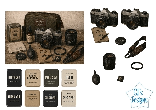 Vintage Photography Gear Card Front with Tags for Birthday & Fathers Day