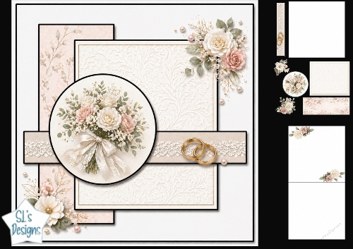 Elegant Blush Rose Wedding Card Topper with Gold Rings & Lace
