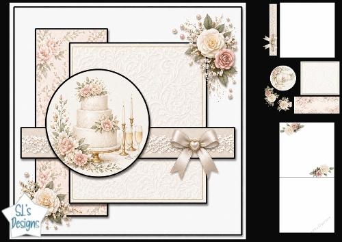 Luxury Wedding Cake Card Topper with Blush Flowers & Gold Accents