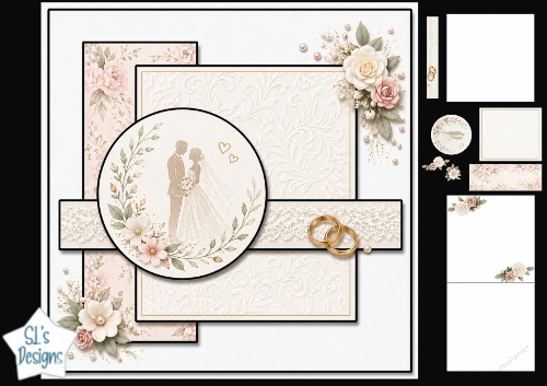 Romantic Bride & Groom Wedding Card Topper with Blush Roses & Gold Rings