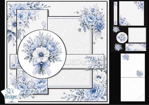 Blue & White Floral Lace Card Topper with Elegant Bouquet