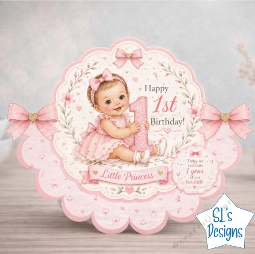 Little Princess 1st Birthday Card Front with Pink Florals and Cute Baby Illustration