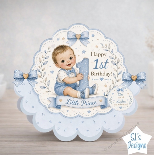 Little Prince 1st Birthday Card Front with Blue Florals and Cute Baby Illustration