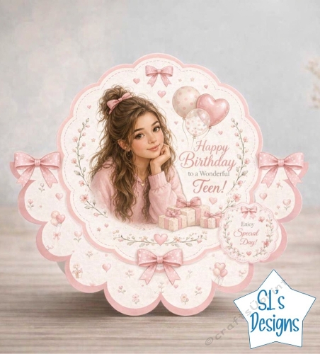 Teen Girl Birthday Card Front with Pink Florals, Gifts and Cute Illustration