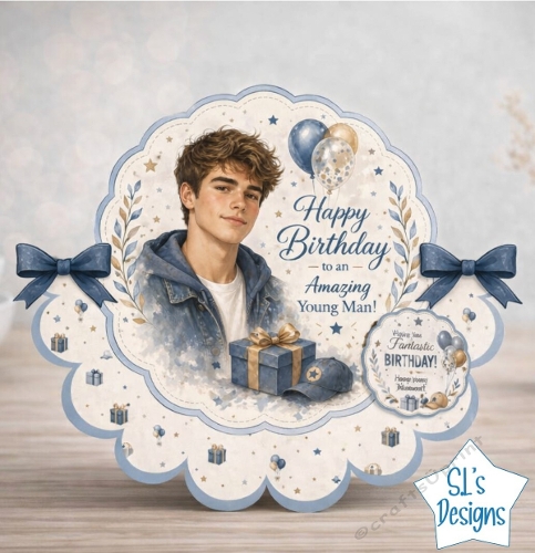 Teen Boy Birthday Card Front with Blue Accents, Gifts and Modern Illustration