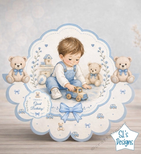 Cute Little Boy Birthday Card Front with Toys, Teddy Bears and Blue Accents