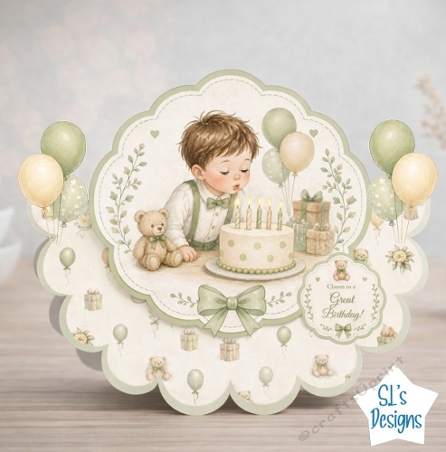 Little Boy Birthday Card Front with Cake, Teddy Bear and Sage Green Accents