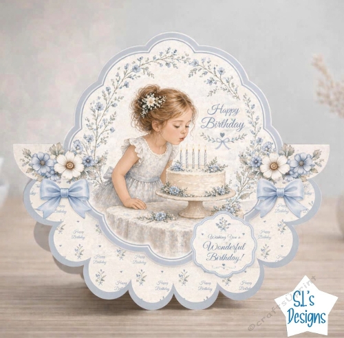 Little Girl Birthday Card Front with Cake, Blue Florals and Sweet Illustration