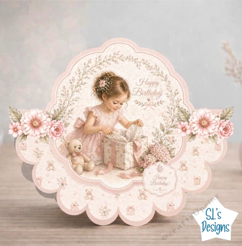 Little Girl Birthday Card Front with Pink Florals, Teddy Bear and Gift Illustration