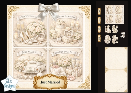 Luxury Wedding Topper Set – Gold Panels, Just Married & Elegant Embellishments