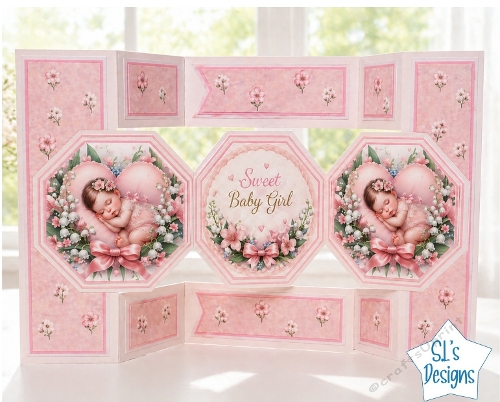 Sweet Baby Girl Card Front with Pink Florals, Sleeping Baby and Soft Pastel Panels