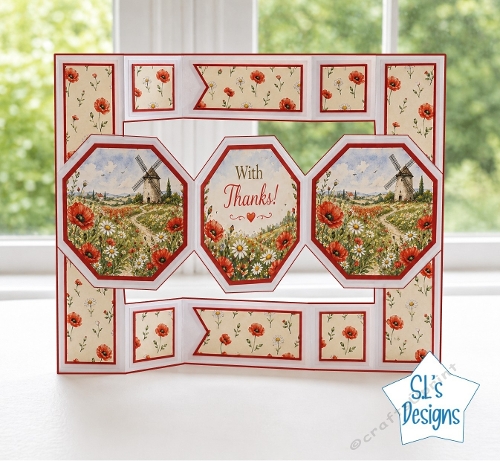  Card Front with Red Poppies, Daisies and Countryside Panels