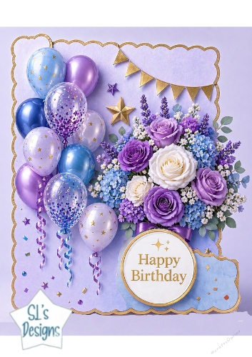 cup1441685_135813 - Elegant Purple & Blue Floral Birthday Topper with Balloons & Gold Accents