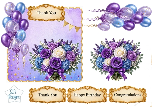 Purple & Blue Floral Balloon Topper Set with Gold Sentiments – Birthday, Thank You & Congratulations