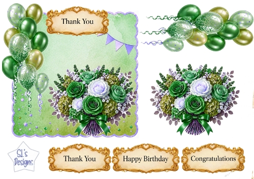 Green & White Floral Balloon Topper Set with Gold Sentiments – Birthday, Thank You & Congratulations