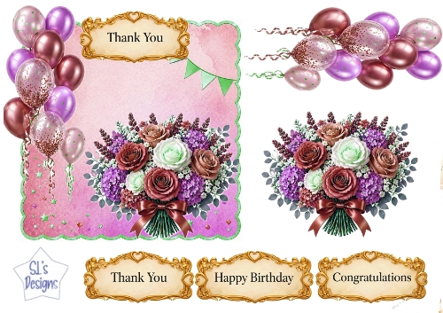 Mauve & Rose Gold Floral Balloon Topper Set with Gold Sentiments – Birthday, Thank You & Congratulations