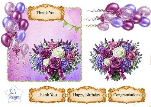 Purple & Lavender Floral Balloon Topper Set with Gold Sentiments – Birthday, Thank You & Congratulations