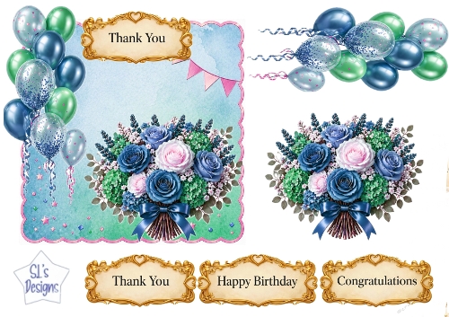 Blue & Pink Floral Balloon Topper Set with Gold Sentiments – Birthday, Thank You & Congratulations