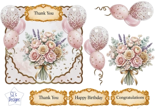 Pastel Floral & Pink Balloon Topper Set with Gold Sentiments – Birthday, Thank You & Congratulations