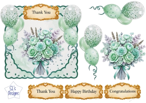 Mint & Lavender Floral Balloon Topper Set with Gold Sentiments – Birthday, Thank You & Congratulations