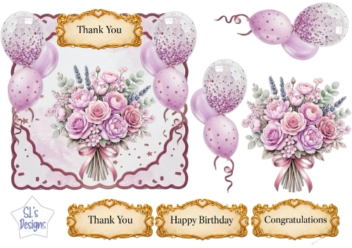 Pink & Lavender Floral Balloon Topper Set with Gold Sentiments – Birthday, Thank You & Congratulations 2