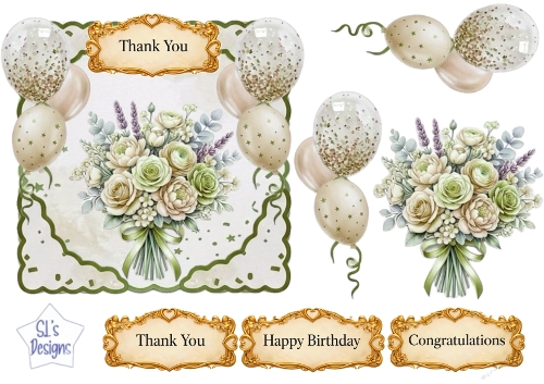 Cream & Green Floral Balloon Topper Set with Gold Sentiments – Birthday, Thank You & Congratulations