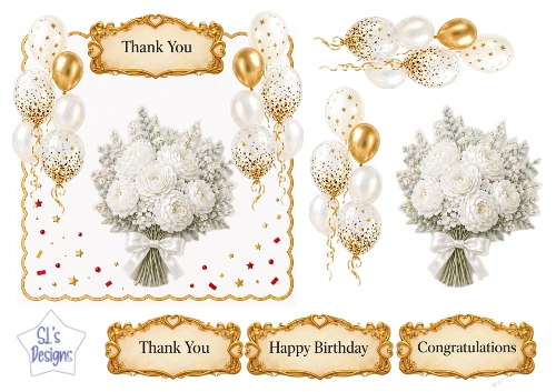 White & Gold Floral Balloon Topper Set with Elegant Sentiments – Birthday, Thank You & Congratulations