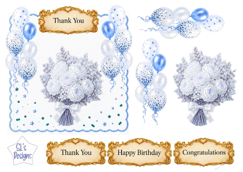 Blue & White Floral Balloon Topper Set with Gold Sentiments – Birthday, Thank You & Congratulations
