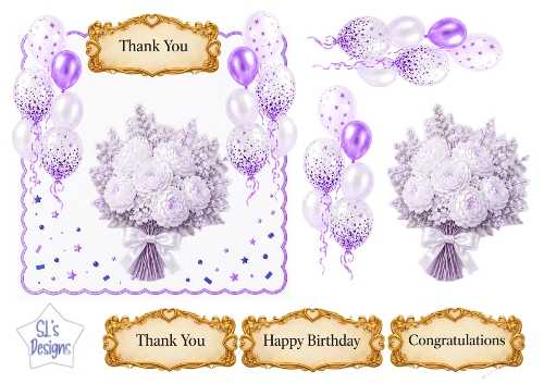 Lavender & White Floral Balloon Topper Set with Gold Sentiments – Birthday, Thank You & Congratulations