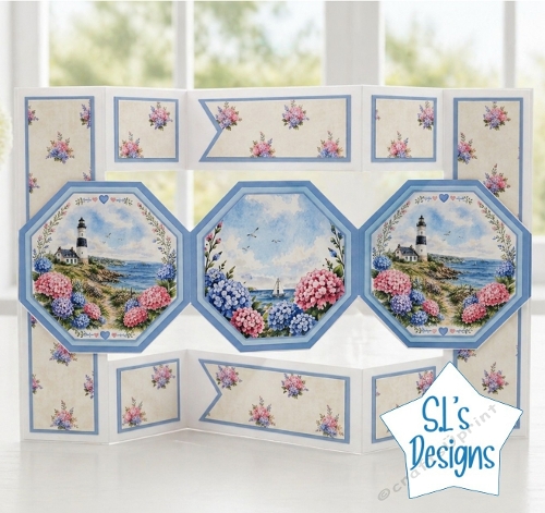 Seaside Lighthouse Card Front with Sailboat and Hydrangeas – Blue Panel Design
