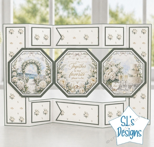 Wedding Card Front with Floral Arch, Cake, Champagne and Elegant Panel Design